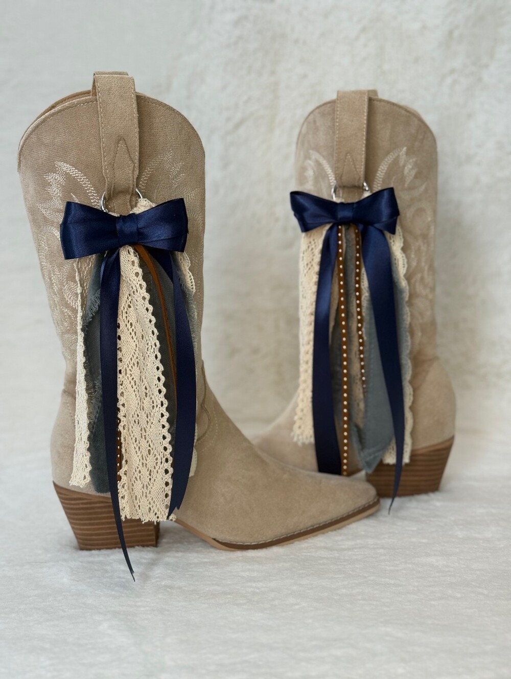 Women's Denim And Lace Western Boot Bows with Navy Accent